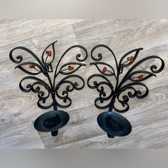 3/75$ Set of 2 Metal Wall mounted Candle Sconce Holder black thick metal‎ leaves - Picture 9 of 14